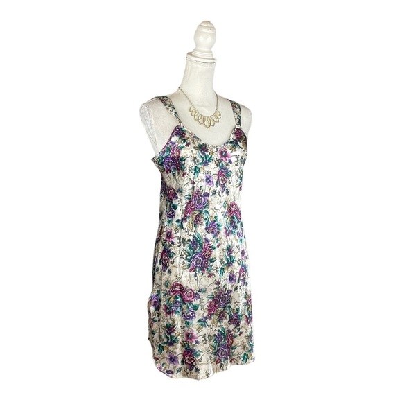 Vintage Addonna Purple Teal Floral Print Slip Rounded Neck Sits High On Thigh - Picture 3 of 7